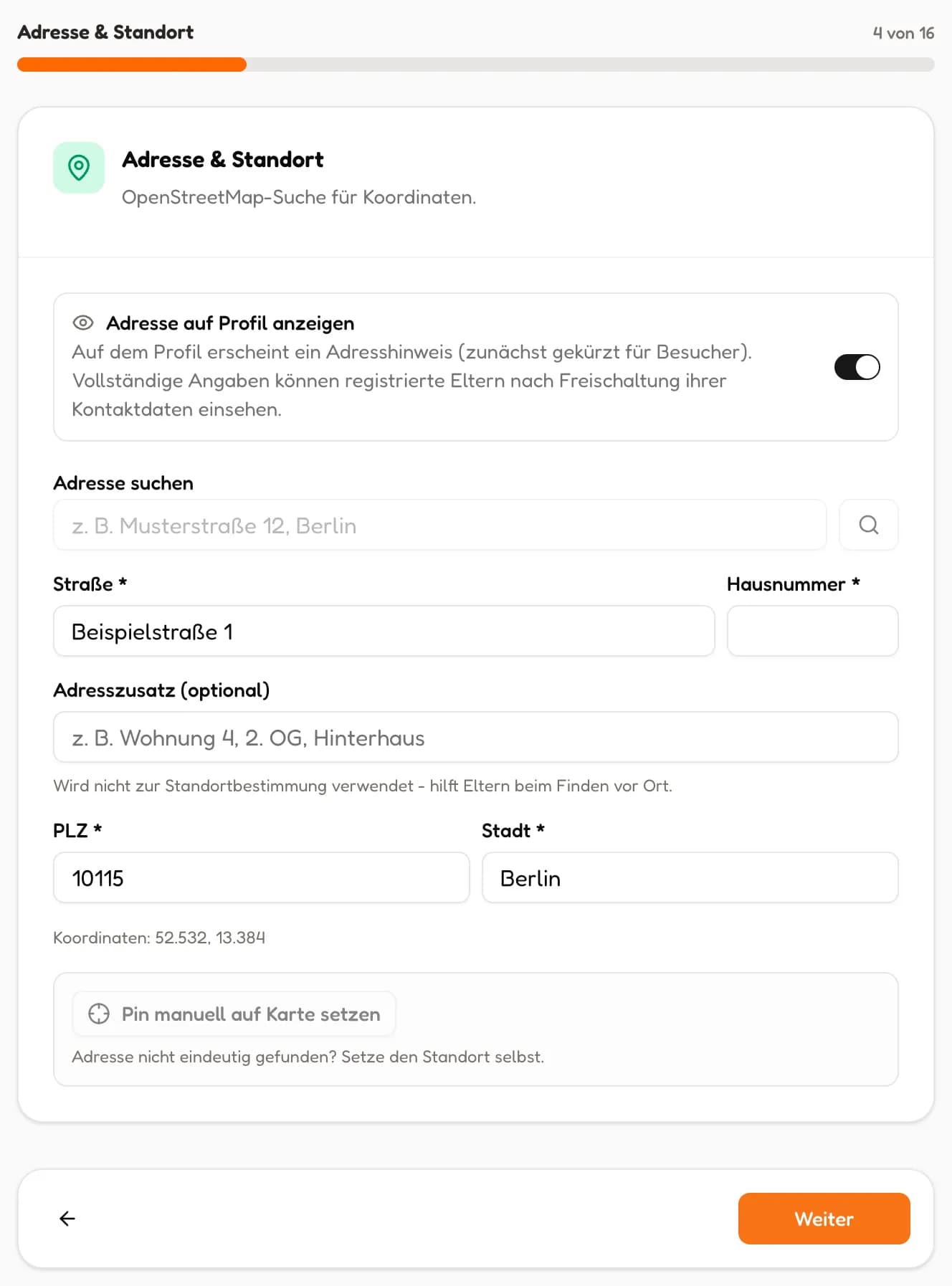 Schritt Adresse und Standort mit Adresssuche und Adressfeldern (in voller Größe öffnen)