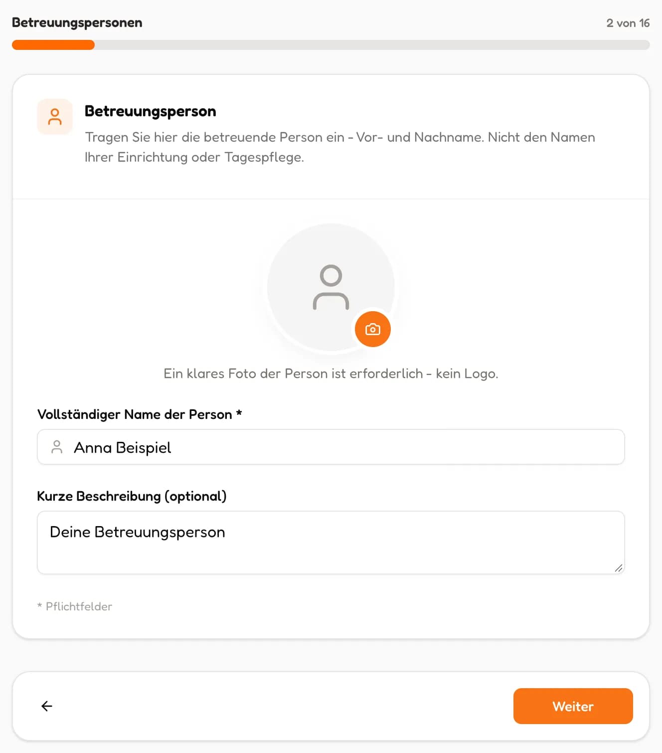 Schritt Betreuungsperson mit Foto, Name und Beschreibung (in voller Größe öffnen)
