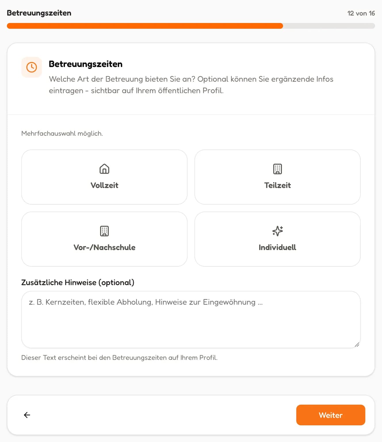 Schritt Betreuungszeiten mit Vollzeit, Teilzeit, Vor- und Nachschule, Individuell (in voller Größe öffnen)