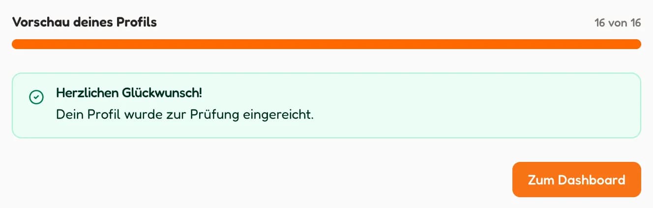 Bestätigung: Herzlichen Glückwunsch, Ihr Profil wurde zur Prüfung eingereicht (in voller Größe öffnen)