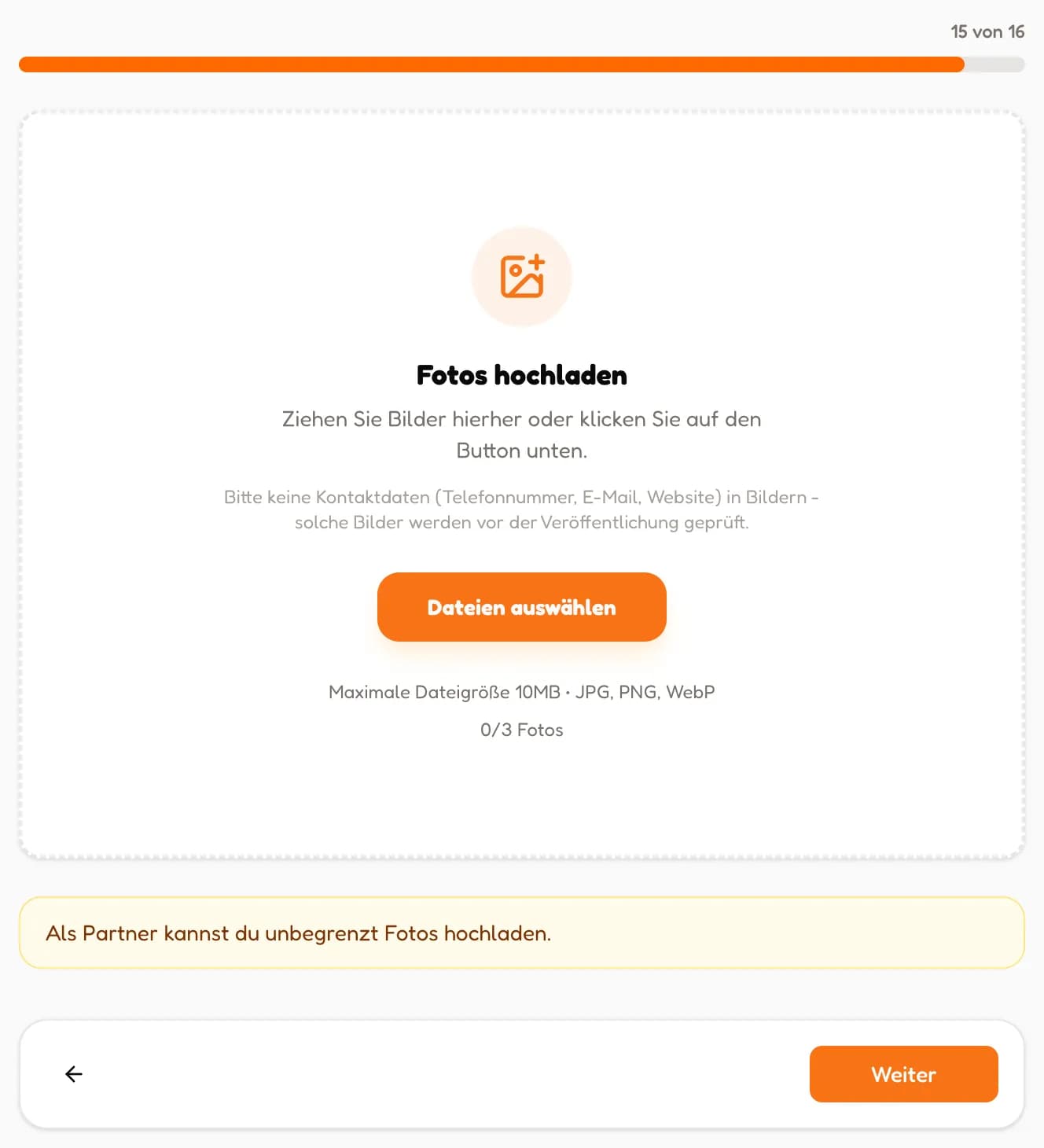 Schritt Galerie mit Upload-Feld für Fotos (in voller Größe öffnen)