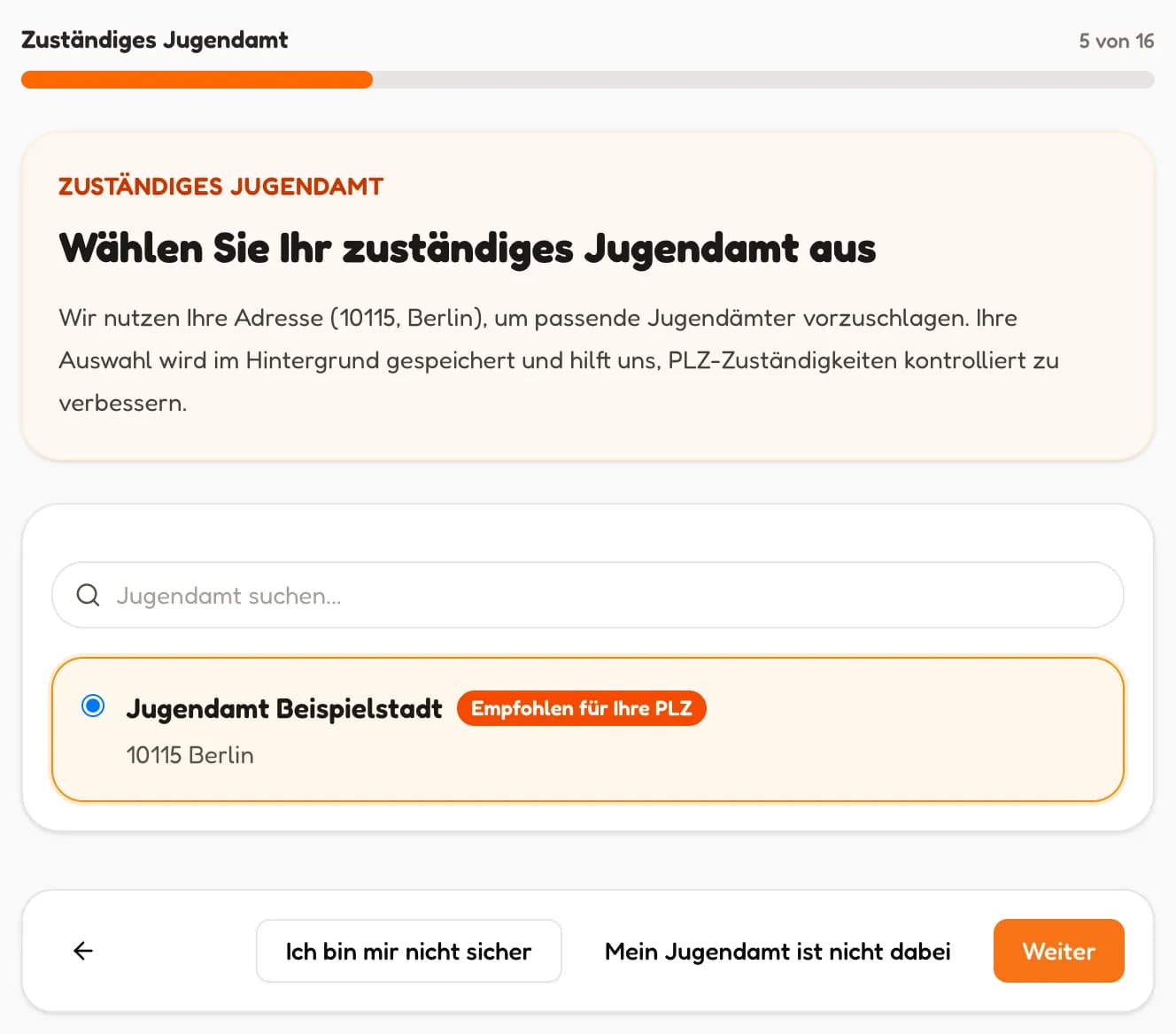 Schritt Jugendamt-Auswahl mit vorgeschlagenem Jugendamt (in voller Größe öffnen)