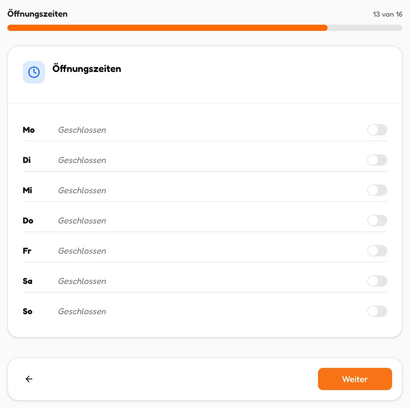 Schritt Öffnungszeiten mit Schaltern pro Wochentag (in voller Größe öffnen)