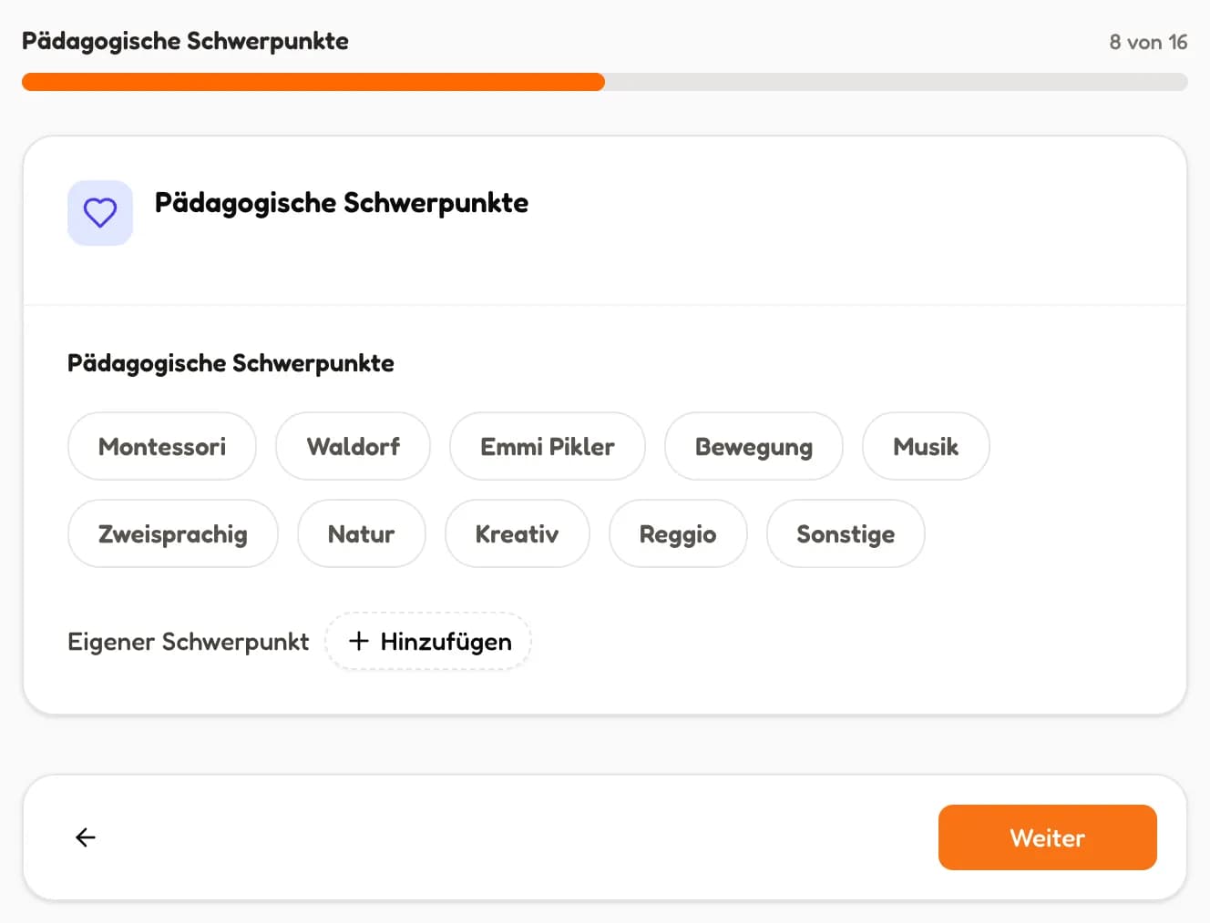 Schritt Pädagogische Schwerpunkte mit auswählbaren Begriffen (in voller Größe öffnen)