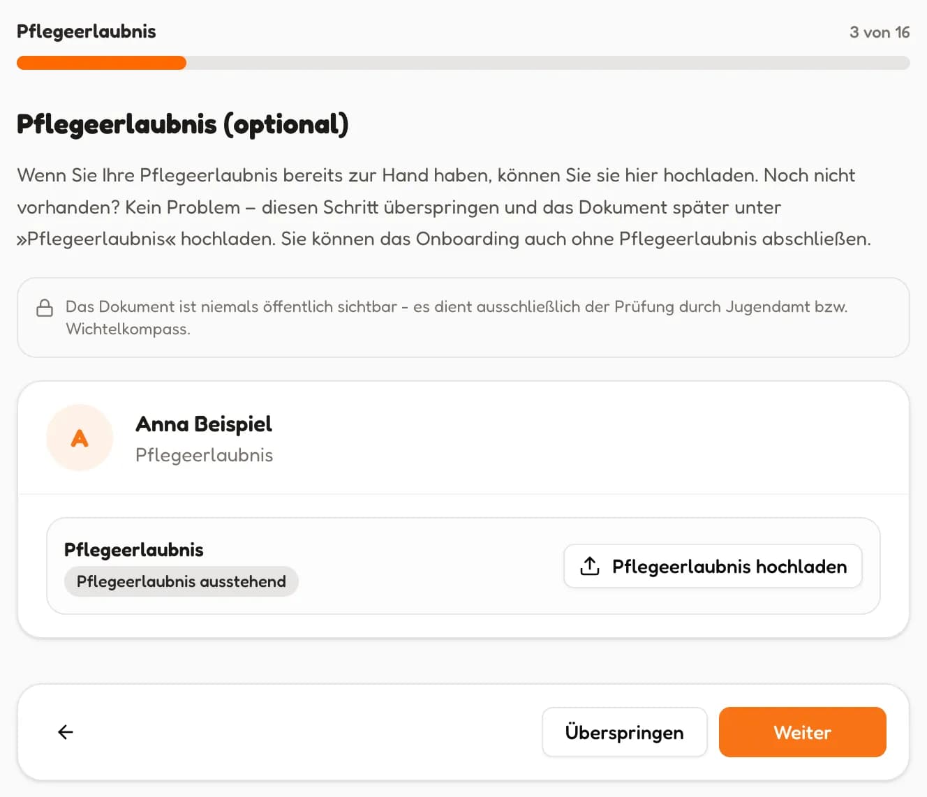 Schritt Pflegeerlaubnis mit Upload-Button und Überspringen (in voller Größe öffnen)