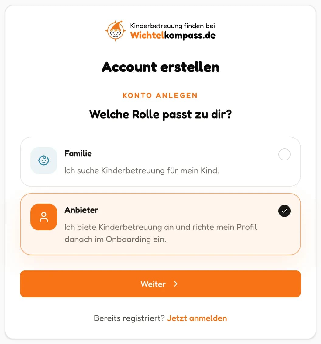 Registrierung, Seite 1: Die Rolle Anbieter ist ausgewählt (in voller Größe öffnen)