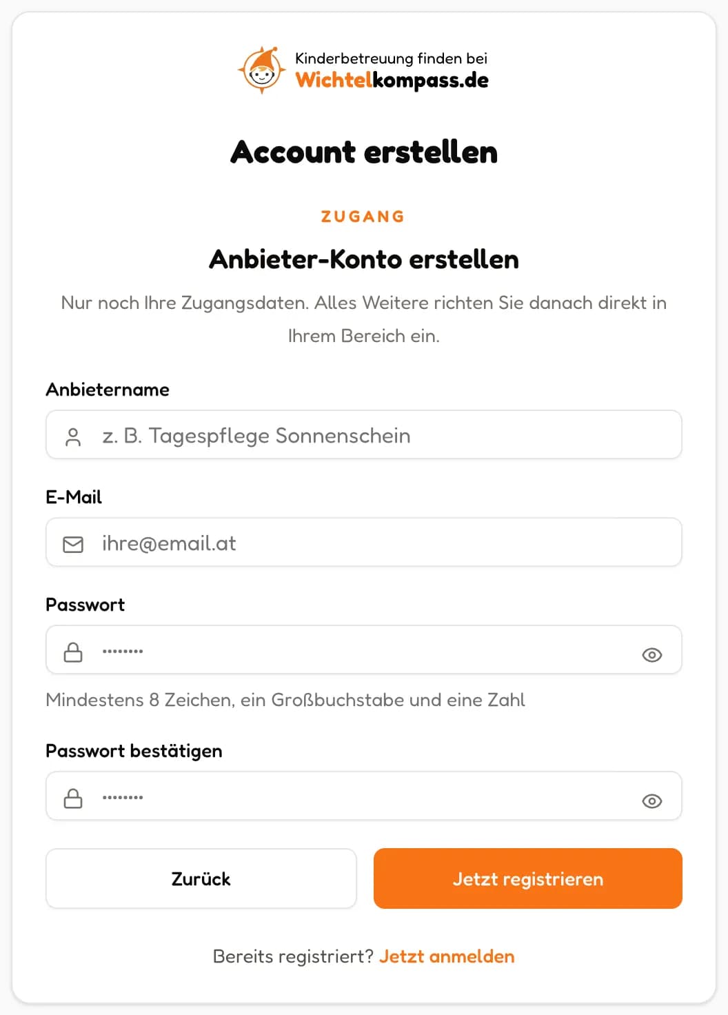 Registrierung, Seite 3: Felder für Anbietername, E-Mail und Passwort (in voller Größe öffnen)