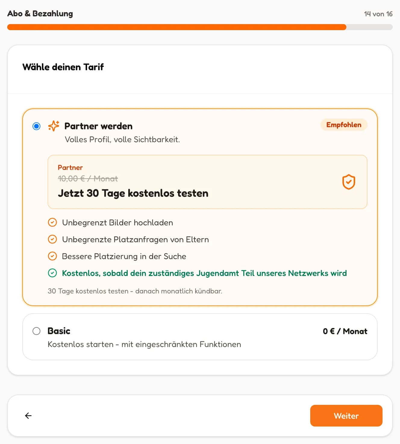 Schritt Abo und Bezahlung mit den Tarifen Partner und Basic (in voller Größe öffnen)